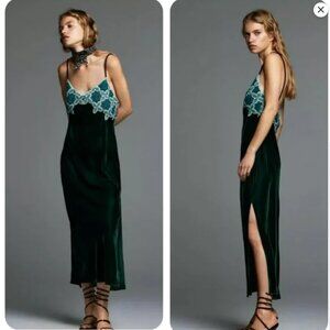 Zara Long Emerald Green Crochet Top-Spaghetti Strap Velvet Dress
